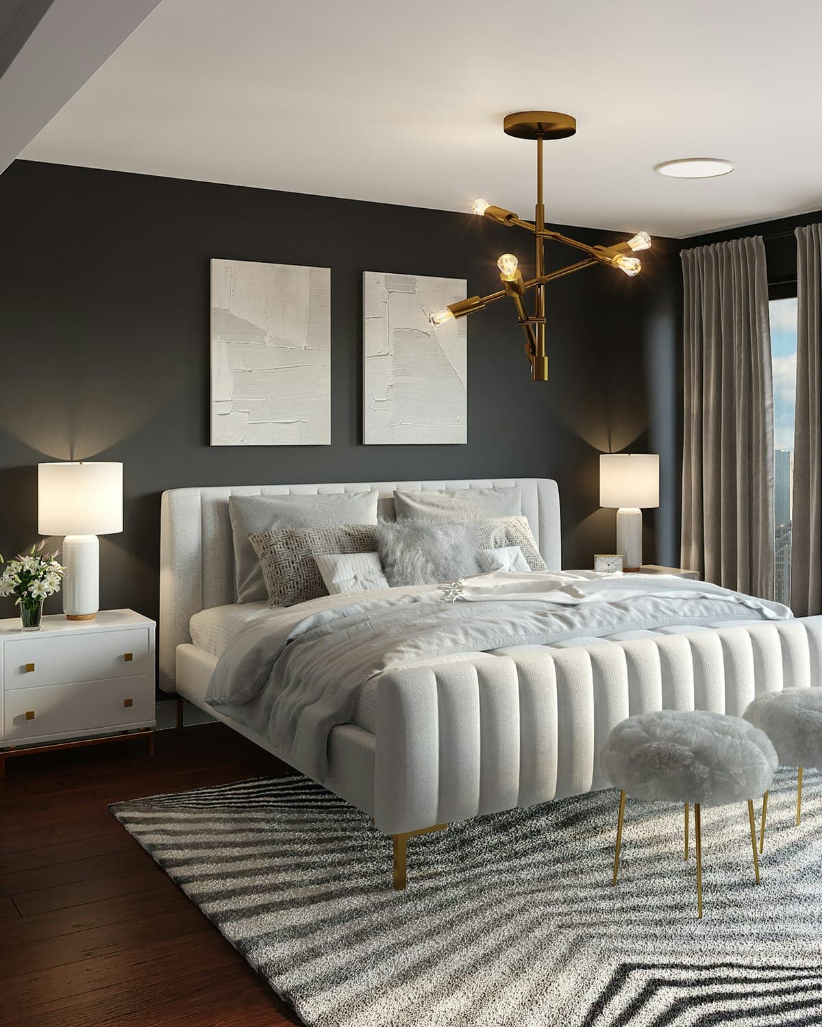Bedroom opening to sea light — white linen, louvered doors, morning breeze