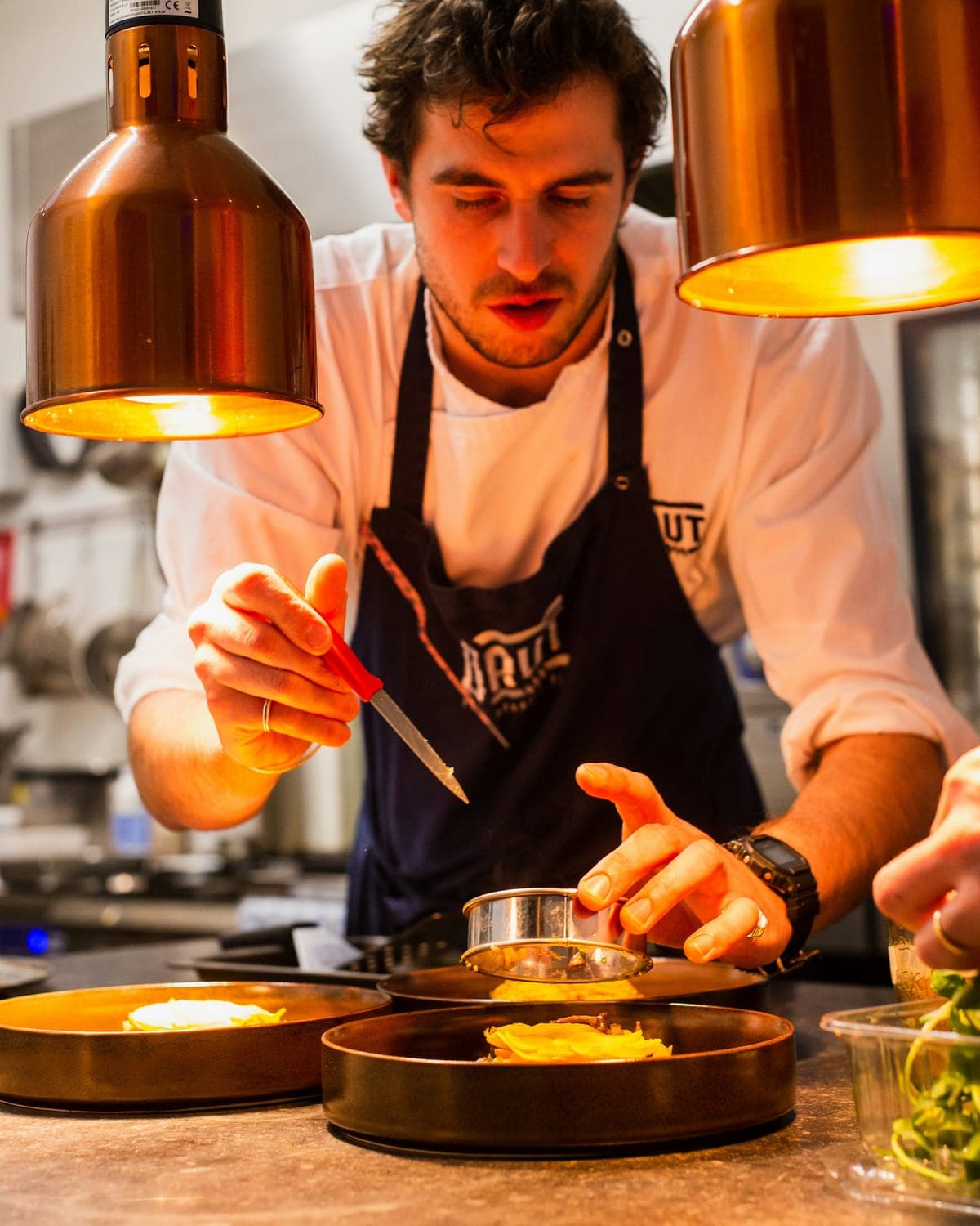 Private chef plating dinner in a villa kitchen, warm evening light