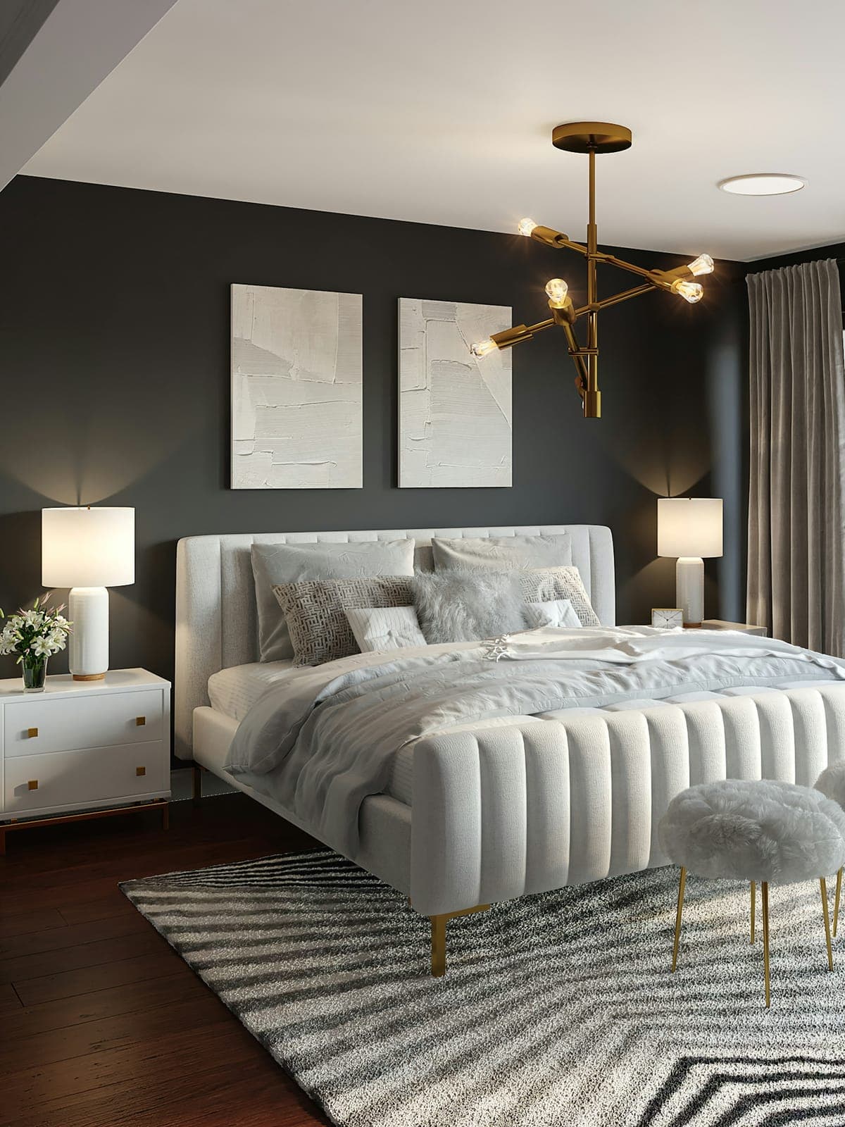Bedroom, white linen, louvered windows, seagrape leaves at the glass